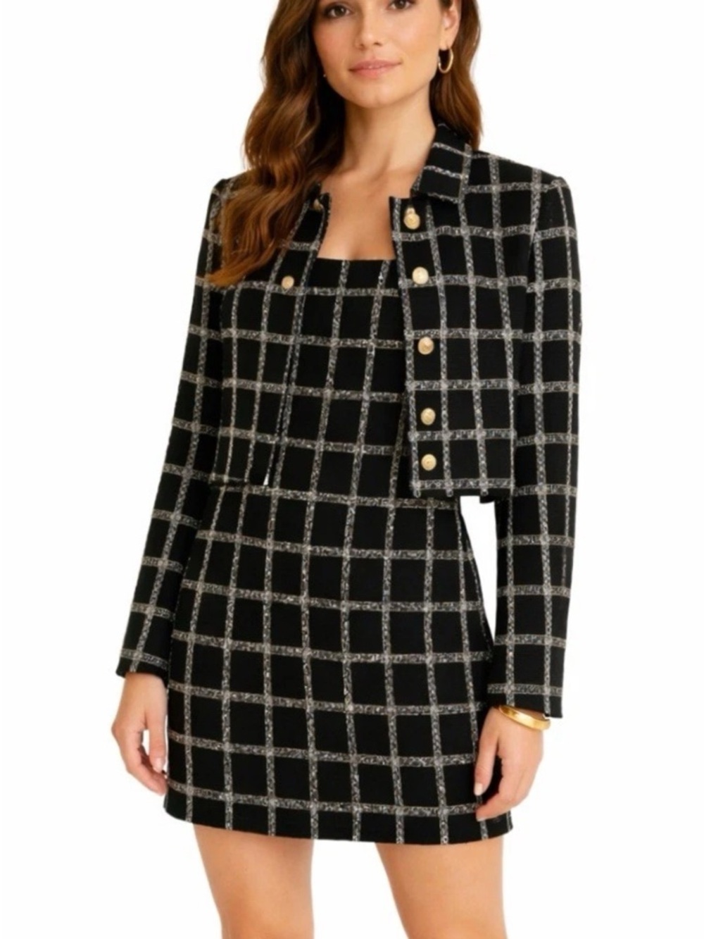 Jason Wu Black Windowpane Cropped Jacket and Dress Set with Gold Buttons